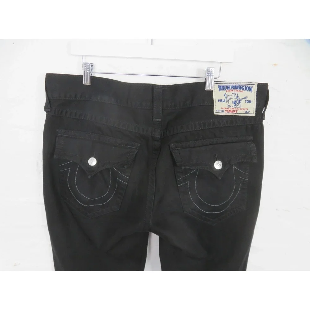 True Religion Straight Jeans Mens 38x30 Black Flap Pockets Logo Denim Casual